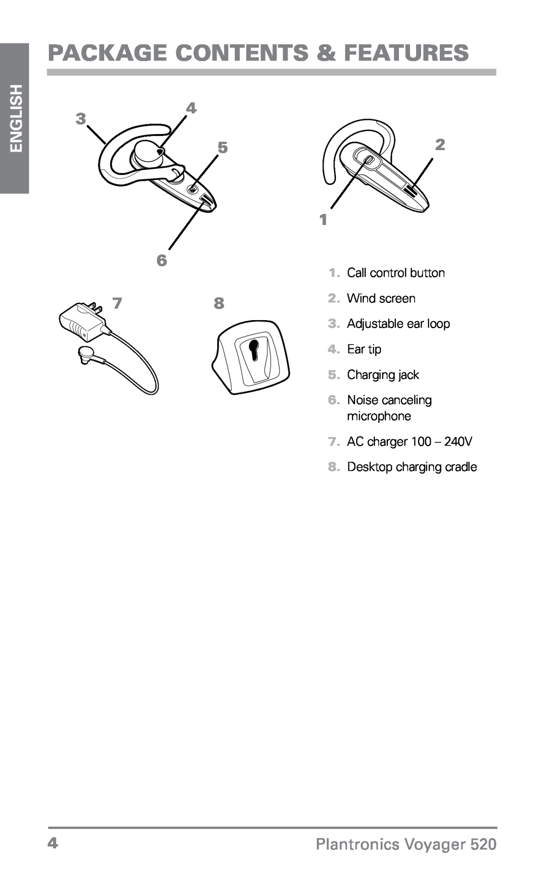 Plantronics 520 manual Package Contents & Features, English, Plantronics Voyager 